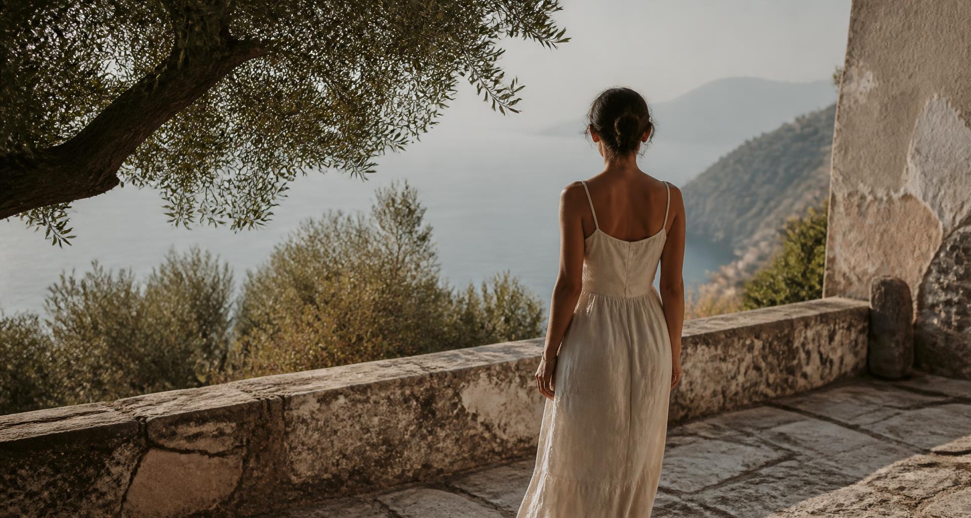A woman standing on a weathered stone terrace beneath olive trees, looking out over the Mediterranean sea in warm afternoon light
